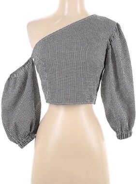 Nasty Gal Black & White Gingham One-Shoulder Puff Sleeve Crop Top Cottagecore